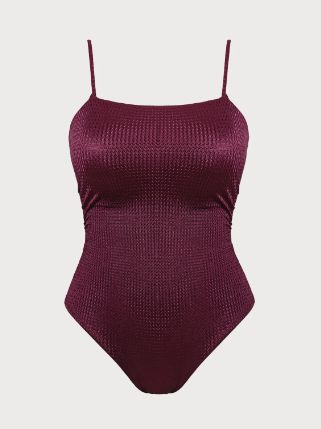 Burgundy Textured Backless Plus Size One-Piece Swimsuit 