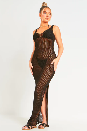 Lana Black Crochet Side Split Maxi Dress